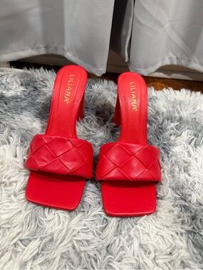 Liliana Red Braided Square-Toe Slide Heels